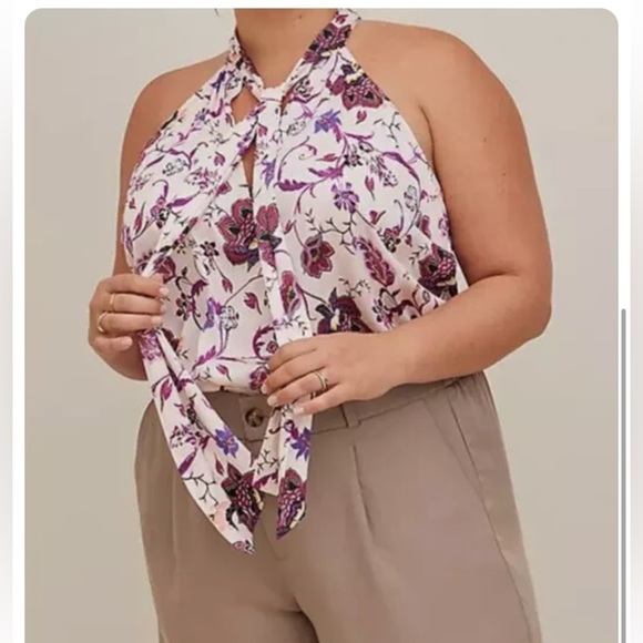 Torrid Satin High Neck Bow Tie Front Halter Top Floral Pink Size 4 - Picture 1 of 14